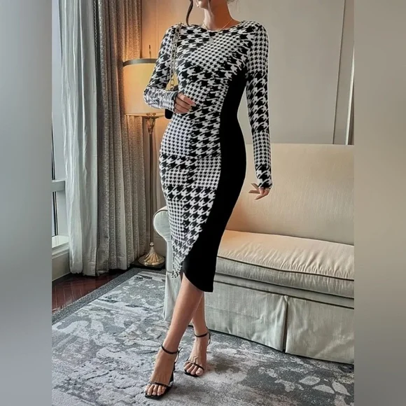 New Houndstooth Print Long Sleeve Bodycon Asymmetrical Colorblock Midi Dress NWT - Picture 5 of 16